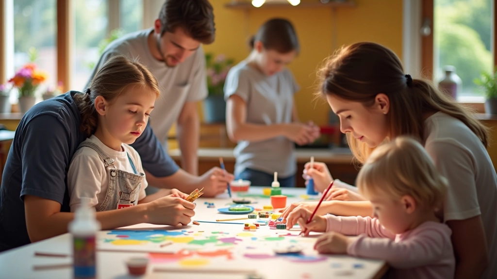 Creative workshop space with families engaged in art projects and craft activities at shared tables