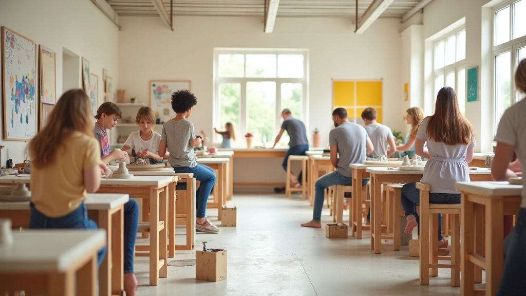 Bright, welcoming art studio space with high ceilings, pottery wheels, easels, and families working at different stations