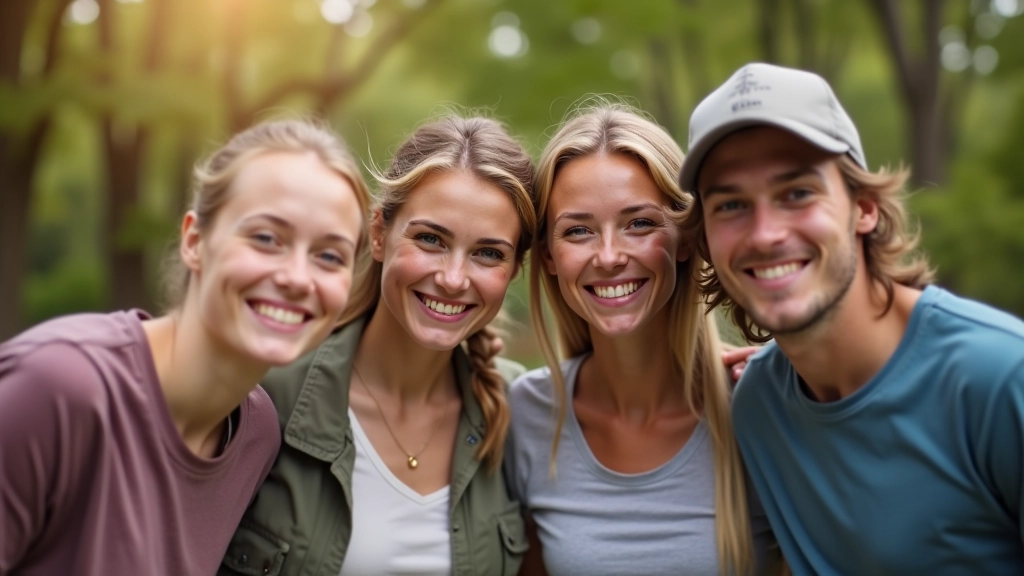 Group of diverse adults and teenagers smiling together after community sports activity, wearing casual sports clothing in outdoor setting