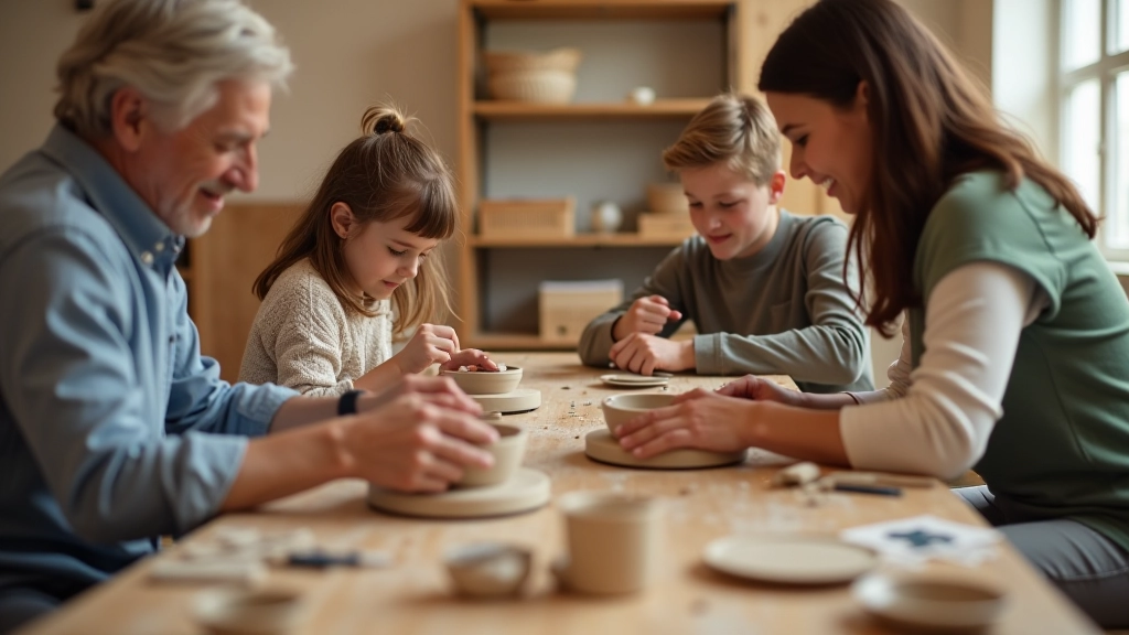 Family workshop participants creating pottery together