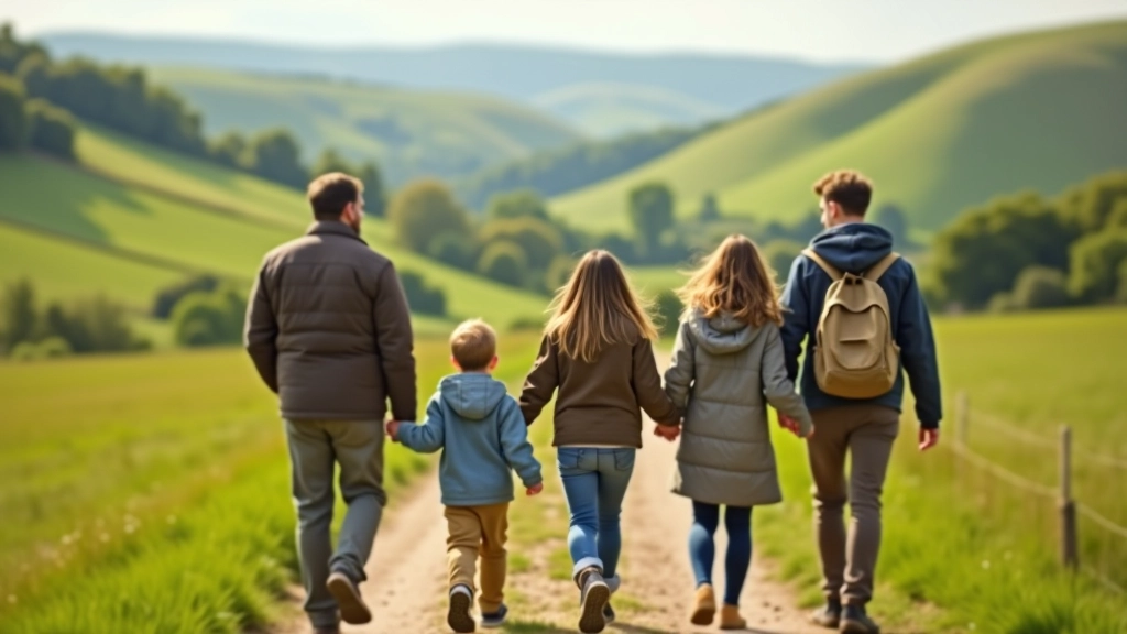Group of adults and teenagers on a countryside trail with rolling hills in the background on a sunny day
