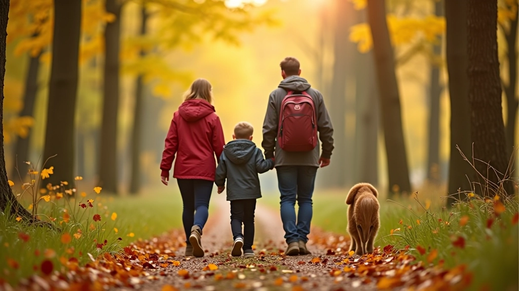 Family of four walking together on a woodland path surrounded by green trees and natural sunlight filtering through the canopy