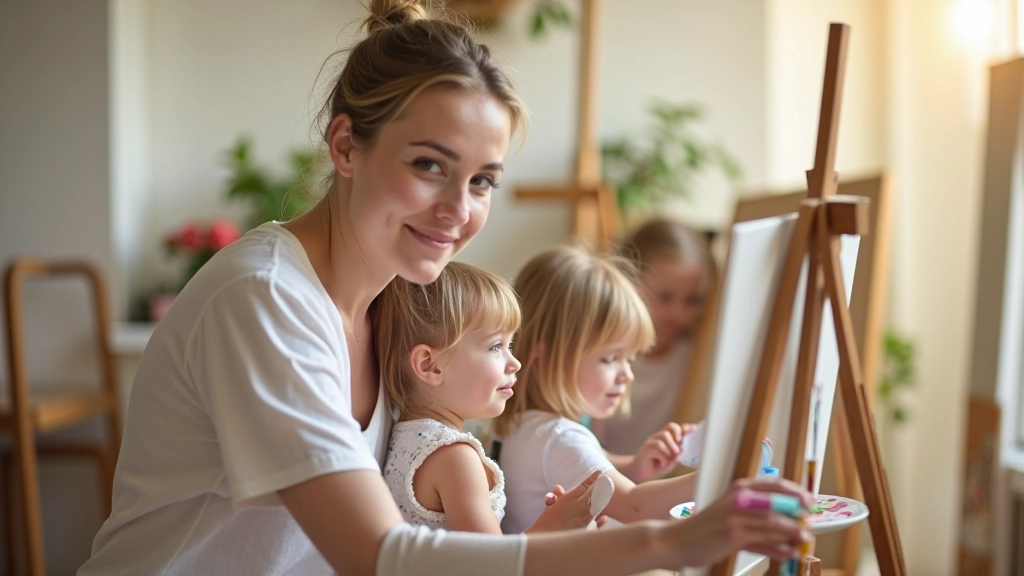 Multi-generational family members painting together on canvas in bright, welcoming art studio space