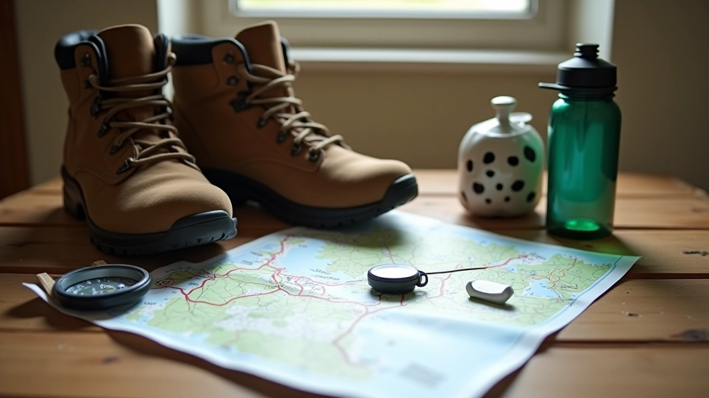 Close-up of hiking boots and a map laid out on a wooden surface with a compass and walking guide