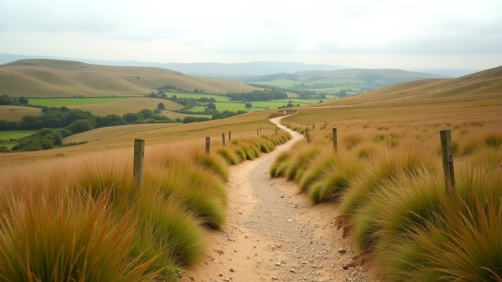 Wide aerial view of a clearly marked hiking trail winding through open moorland with distinct path markers and vegetation