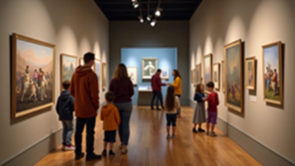 Interior of a modern museum gallery with large windows and family visitors viewing exhibits and artwork displays