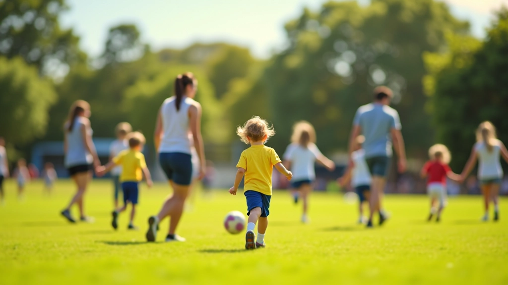 Outdoor community sports event with families participating in various activities on a sunny day