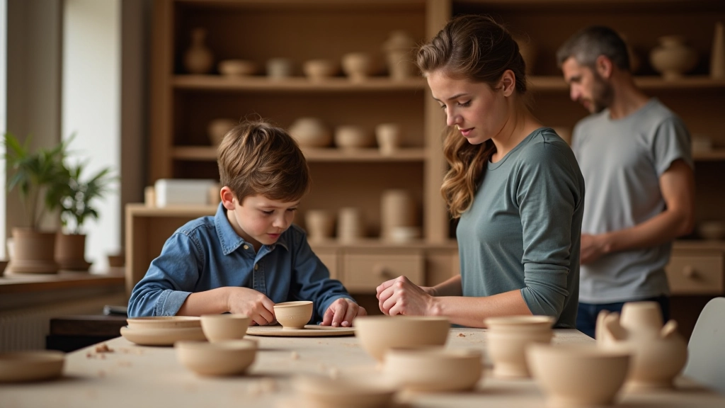 Parent and teenage child discussing art project together while instructor gestures toward completed pottery pieces on shelves in workshop